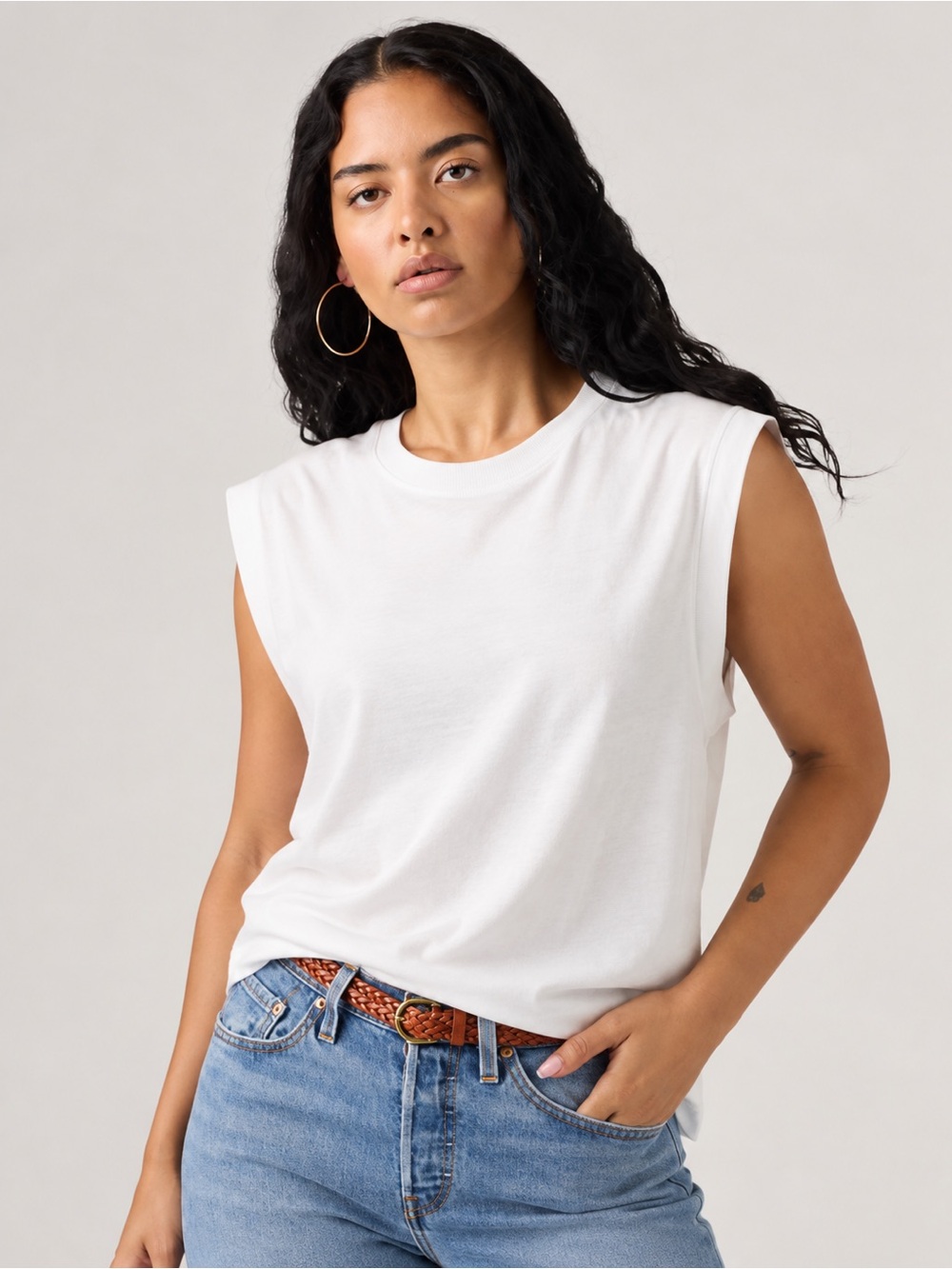 White gathered shoulder 100% cotton Tank Top - Women